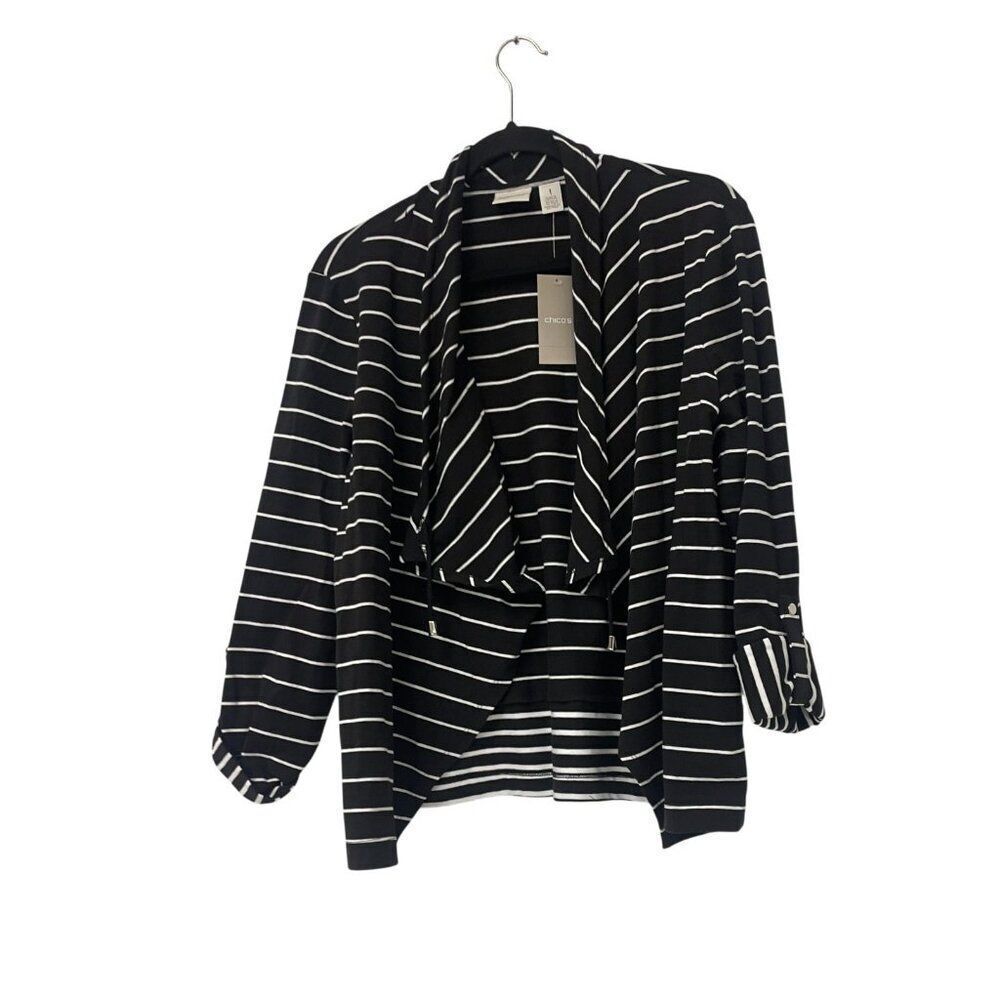 Chicos Womens Cardigan Sz1 M 8 Black Zenergy Sophia Striped Open Front Drape NWT